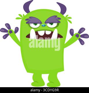 Monstre mignon de dessin animé avec expression de visage excité drôle agitant les mains. Illustration vectorielle isolée sur blanc. Motif Halloween Illustration de Vecteur