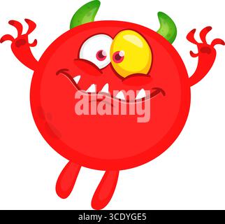 Monstre mignon de dessin animé avec expression de visage excité drôle agitant les mains. Illustration vectorielle isolée sur blanc. Motif Halloween. Illustration de Vecteur