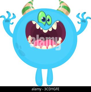 Monstre mignon de dessin animé avec expression de visage excité drôle agitant les mains. Illustration vectorielle isolée sur blanc. Motif Halloween. Illustration de Vecteur