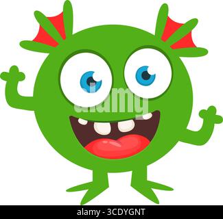 Monstre mignon de dessin animé avec expression de visage excité drôle agitant les mains. Illustration vectorielle isolée sur blanc. Motif Halloween Illustration de Vecteur