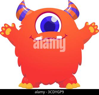 Monstre mignon de dessin animé avec expression de visage excité drôle agitant les mains. Illustration vectorielle isolée sur blanc. Motif Halloween. Illustration de Vecteur