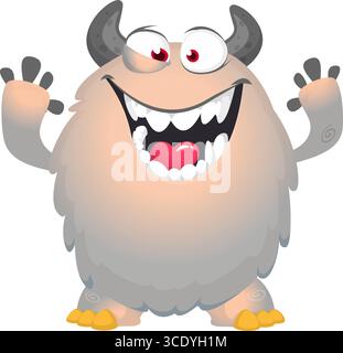 Monstre mignon de dessin animé avec expression de visage excité drôle agitant les mains. Illustration vectorielle isolée sur blanc. Motif Halloween. Illustration de Vecteur