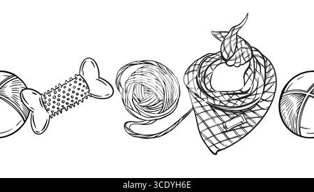 Bordure sans couture de jouets pour animaux, os en caoutchouc, boule de fil, collier, boule pour jouer avec le chat et le chien tout est dessiné à la main à l'encre. Pour l'impression Illustration de Vecteur