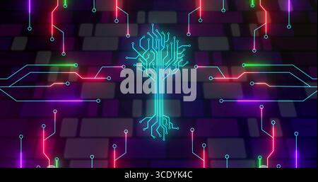 Icône d'arbre de circuit cyan lumineuse ramifiant les tracés néon sur les mosaïques sombres de la grille, montrant les nœuds circulaires. Technologie, connectivité, innovation, futuriste, n Banque D'Images