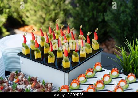 Une sélection de canapés aux fruits magnifiquement agencés avec des tranches de kiwi et de fraises. parfait pour améliorer n'importe quel événement extérieur avec une touche d'elegan Banque D'Images