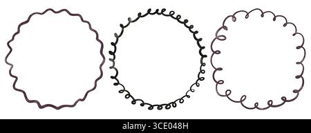 Collection de cadres circulaires avec des lignes dessinées à la main, des courbes, des bords festonnés et des bordures de griffonnage. Comprend des éléments isolés pour les invitations, les cartes, l Banque D'Images