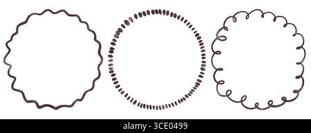 Collection de cadres circulaires avec des lignes dessinées à la main, des courbes, des bords festonnés et des bordures de griffonnage. Comprend des éléments isolés pour les invitations, les cartes, l Banque D'Images