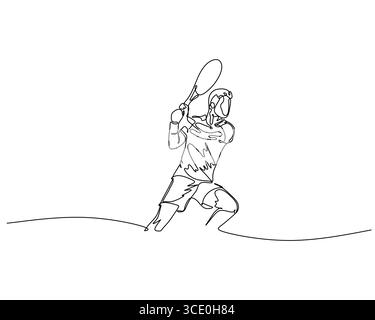 Art en ligne continue d'un joueur de tennis en action, saisissant raquette avec les deux mains. Le style minimaliste capture le mouvement, la mise au point et l'athlétisme Illustration de Vecteur