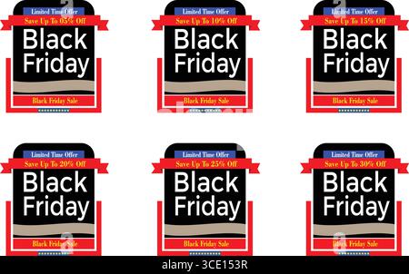 Élégantes bannières carrées de solde Black Friday en rouge et noir avec des accents de ruban de réduction conçus pour la publicité saisonnière e-commerce Illustration de Vecteur