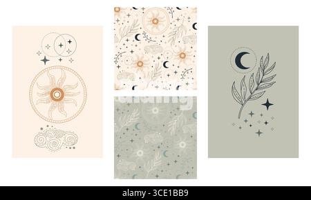 Ensemble de cartes de tarot magique et de fonds. Étoiles et éléments célestes mystiques, design ésotérique. Illustration vectorielle. Sacré, affiche de géométrie astrologique Illustration de Vecteur