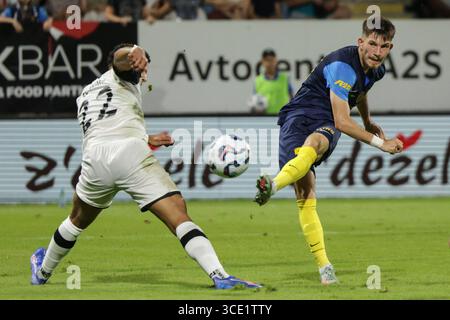 Celje, Slovénie. 14 août 2025. Nikita Losifov (R) de Celje tire lors du troisième tour de qualification du match de 2e manche entre NK Celje de Slovénie et FC Lugano de Suisse lors de la Ligue des conférences de l'UEFA à Celje, Slovénie, le 14 août 2025. Crédit : Zeljko Stevanic/Xinhua/Alamy Live News Banque D'Images