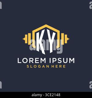 Conception initiale de logo KY pour centre de fitness avec graphique vectoriel de style géométrique haltère créatif Illustration de Vecteur