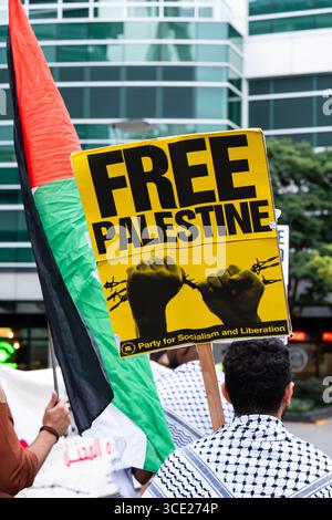 Seattle, États-Unis. 14 août 2025. Juste après 18h30, le rassemblement des manifestants Pro Palestine sur la 4ème avenue et Broad St pour le rassemblement All Eyes on Gaza. Le groupe demande à Israël de permettre aux journalistes internationaux d'entrer. De récents rapports faisant état de pénuries alimentaires et de famine ont rempli les gros titres internationaux. Crédit : James Anderson/Alamy Live News Banque D'Images