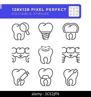 Jeu d'icônes de ligne parfaite pixel de traitement des dents Illustration de Vecteur
