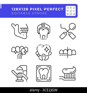 Jeu d'icônes de lignes parfaites de pixels de service de stomatologie Illustration de Vecteur