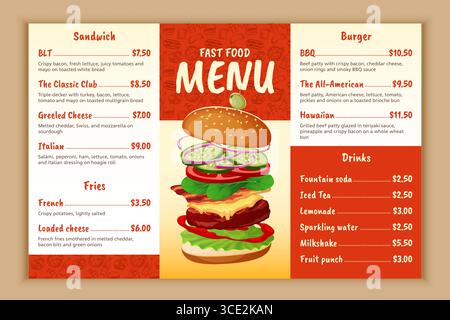 Modèle de menu de restauration rapide. Liste des plats du restaurant design, brochure bistro, assortiment de hamburgers, sandwichs, frites et boissons, ingrédients et prix Illustration de Vecteur