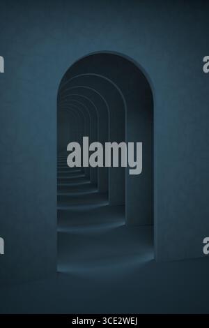 Fond abstrait surréaliste bleu foncé. Toile de fond bleue du couloir Arch, illustration de rendu 3D. Banque D'Images
