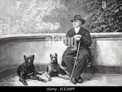 Otto Eduard Leopold von Bismarck-Schönhausen, à partir de 1865 Comte von Bismarck-Schönhausen, à partir de 1871 Prince von Bismarck, (né le 1er avril 1815, mort le 30 juillet 1898), homme politique allemand et homme d'État, ici en 1891, avec ses chiens, historique, authentique, reproduction restaurée numériquement à partir d'un original du XIXe siècle, date d'enregistrement non indiquée Banque D'Images