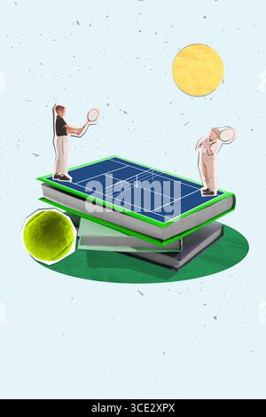 Collage contemporain de match de tennis sur un court en forme de livre avec des joueurs et une grande balle de tennis sous le soleil Banque D'Images