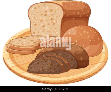 Illustration vectorielle de pain de blé entier et de seigle tranché avec des pains ronds sur une plaque en bois, en utilisant des couleurs douces et des contours propres Illustration de Vecteur