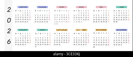 Calendrier annuel 2026 en langue française, mise en page horizontale avec des en-têtes de mois colorés, typographie minimale moderne. Planificateur mural ou de bureau imprimable pour Illustration de Vecteur