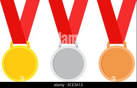 Médaille d'or, d'argent et de bronze avec surface vierge et ruban rouge. Illustration vectorielle avec fond transparent. Illustration de Vecteur