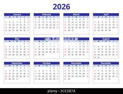 calendrier vectoriel anglais de 2026 ans avec 12 mois dans les cadres (semaine de début dimanche) Illustration de Vecteur