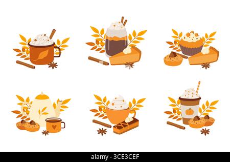 Ensemble de boissons chaudes d'automne confortables et dessert sur fond blanc. Latte, tarte à la citrouille, théière, tasse de thé, cupcake, cappuccino et feuilles. Vect dessiné à la main Illustration de Vecteur