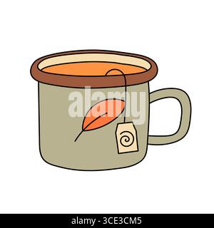 Tasse de thé dans un style de dessin animé rétro à la mode. Illustration vectorielle plate d'automne Groovy Illustration de Vecteur