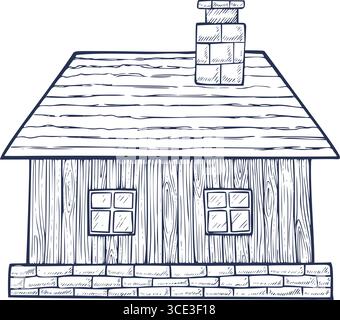 Illustration vectorielle de petite cabine en bois avec base en brique et cheminée dans le style vintage dessiné à la main. Dessin linéaire de Maison pour scènes rustiques. Croquis gravé de la maison en bois peint par des encres. Illustration de Vecteur