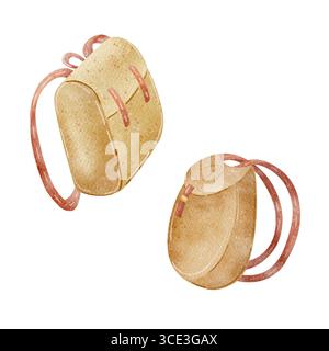 Sac à dos pour enfants, école, touriste. Sac d'illustration d'aquarelle pour le voyage, vacances d'exploration dessiné à la main dans le style de dessin animé sur isolé Banque D'Images