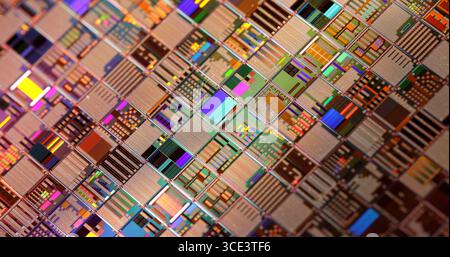Gros plan d'une plaquette semi-conductrice en silicium. En électronique, une plaquette aussi appelée tranche ou substrat est une fine tranche de semi-conducteur, un silicium cristallin Banque D'Images