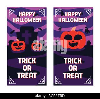 Happy Halloween ensemble de bannière verticale avec couleur violette, citrouilles, chauves-souris, fantômes parfaits pour les promotions ou les campagnes Illustration de Vecteur