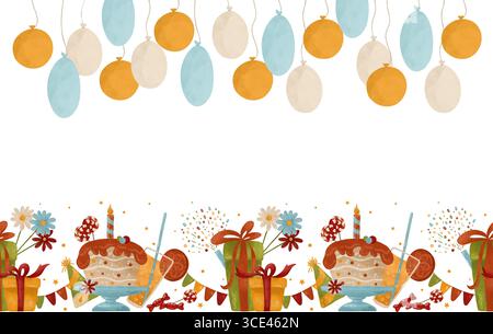 Bordure sans couture festive : cupcake, bougie, bonbons, guirlande, confettis, fleurs, cadeaux, ballons. Aquarelle, illustration pastel dans les couleurs d'automne. conception Banque D'Images