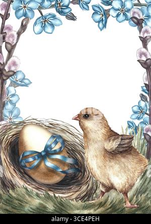 Carte de Pâques. Mignon poulet et nid avec un œuf de Pâques entouré de oublie-me-nots. Illustration d'aquarelle dessinée à la main. Pour faire un vœux de Pâques Banque D'Images