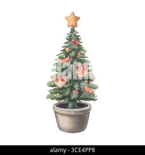 Arbre de Noël décoré avec des noeuds, des oranges, des baies, des bâtonnets de cannelle, des biscuits. Illustration aquarelle peinte à la main isolée sur blanc pour les vacances Banque D'Images