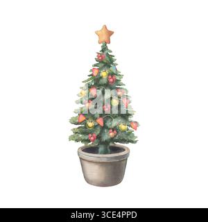 Sapin de Noël décoré de boules, arcs, drapeaux, lumières. Illustration aquarelle peinte à la main de sapin isolé sur fond blanc pour les cartes de vacances Banque D'Images