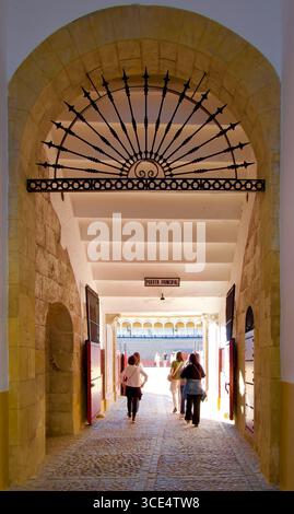 Touristes allant dans la célèbre arène circulaire de Séville du 18ème siècle de 12 000 sièges par la porte principale lors d'une tournée Séville Andalousie Espagne Europe Banque D'Images