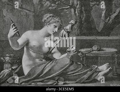 Clotho. L'un des trois destins ou Moirai dans la mythologie grecque, également connu sous le nom de Spinner. Elle était responsable de faire tourner le fil de la vie pour chaque mortel. Ses sœurs, Lachesis et Atropos, étaient chargées de mesurer et de couper ce fil, respectivement. Gravure de Huyot d'après Pierre-Paul Prud'hon (1758-1823), vers 1800. Directoire, Consulat et Empire. Moeurs et usages, lettres, sciences et arts. France, 1795-1815' (Annuaire, Consulat et Empire de France. Coutumes et traditions, lettres, sciences et art. France, 1795-1815), de Paul Lacroix. Publié à Paris, 1884. Banque D'Images