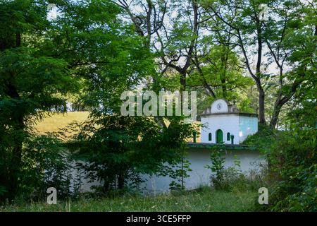Une petite structure blanche avec des portes vertes voûtées et des graffitis, partiellement obscurcie par des arbres denses et de la végétation dans un défrichement forestier. Banque D'Images