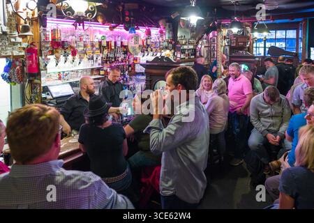 Personnes debout et assis sur des tabourets à l'intérieur O'Donoghues Bar, Merrion Row, Dublin, Leinster, Irlande Banque D'Images