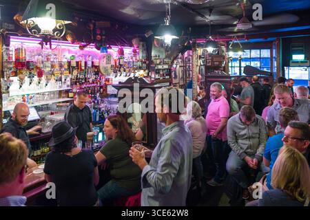 Personnes debout et assis sur des tabourets à l'intérieur O'Donoghues Bar, Merrion Row, Dublin, Leinster, Irlande Banque D'Images