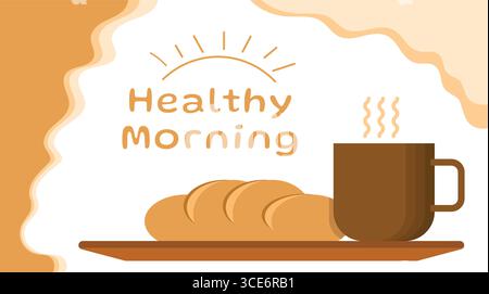 Petit déjeuner matinal sain avec café et pain dans la conception vectorielle plate Illustration de Vecteur