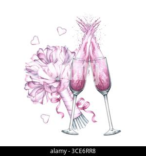 Deux verres de flûte à champagne rose et un bouquet de fleurs roses. Illustration d'aquarelle dessinée à la main. Isoler. Élément de conception pour Banque D'Images