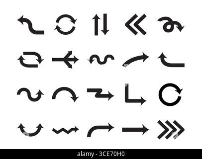 Icône de flèche noire définie isolée sur blanc. Icônes vectorielles de symbole de conception courbé zigzag circulaire droite. Illustration de Vecteur