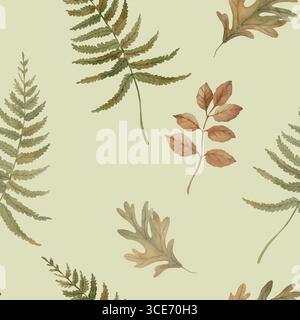 Feuilles d'automne modèle sans couture dessiné à la main avec aquarelle. Fougère, feuille de chêne, branches Banque D'Images