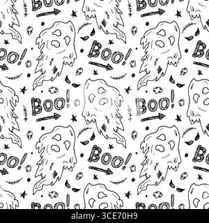 Motif d'Halloween sans couture avec des fantômes et des messages Boo. Motif vectoriel avec dessins de style doodle, illustrations monochromes de contour. Design prêt à l'emploi pour emballage festif, tissu, bannières, couvertures. Illustration de Vecteur