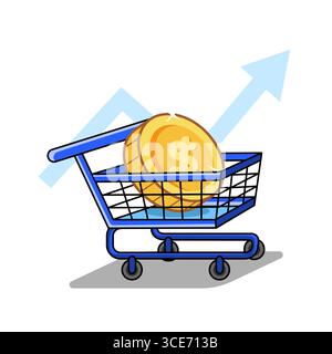 Panier avec pièces de monnaie et flèche ascendante illustration vectorielle de croissance financière dessin animé Illustration de Vecteur