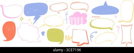 Ensemble de bulles de dialogue de crayon mignon. Ballons comiques de style doodle dessinés à la main dans des couleurs vives. Cadres de dialogue de dessin animé vectoriel Illustration de Vecteur