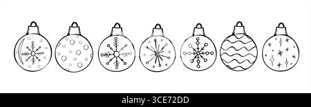 Décorations d'arbre de Noël avec divers motifs monochromes ensemble vectoriel. Boules avec flocons de neige clip art dans le style noir et blanc. Boules de Noël Illustration de Vecteur